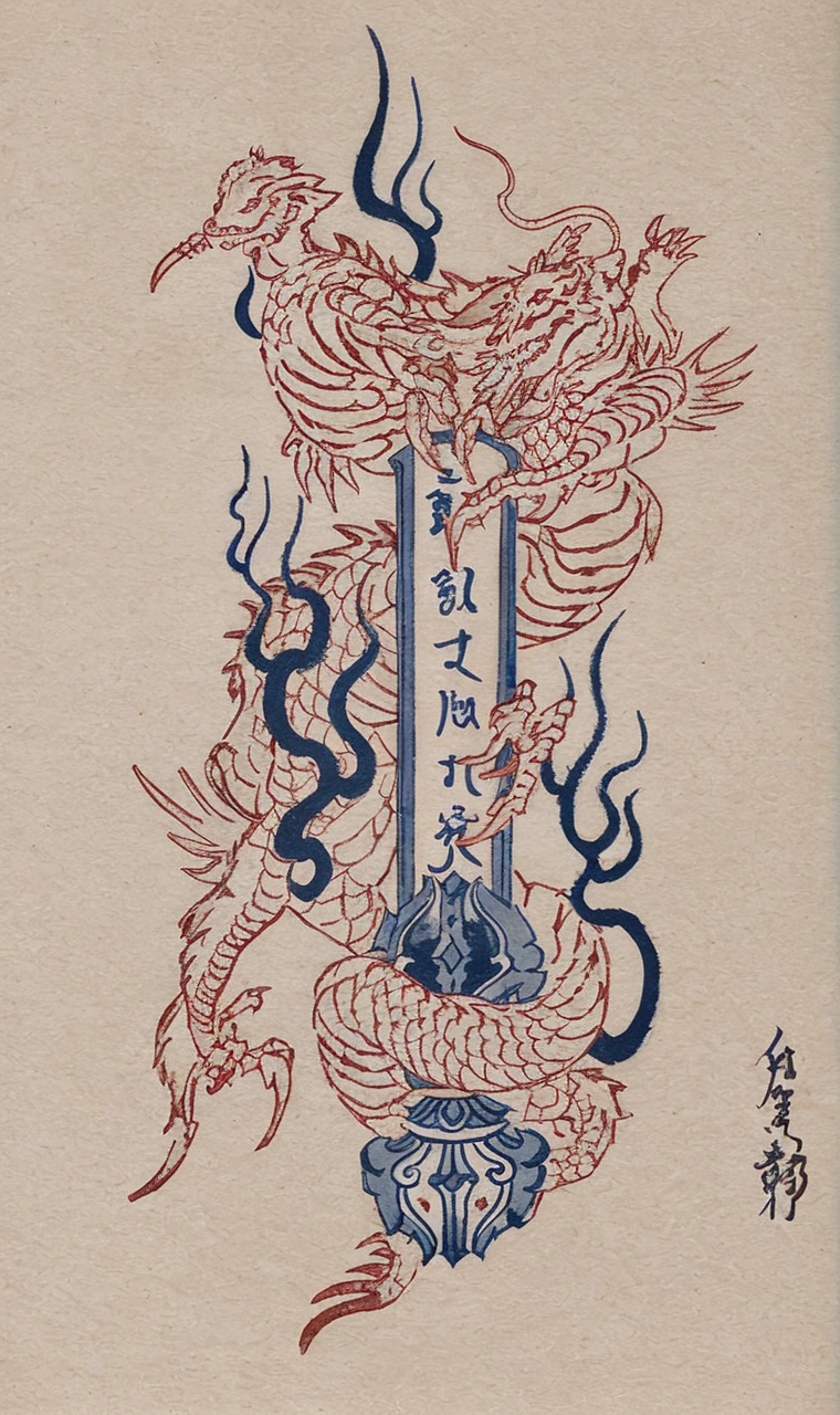Make a dragon being bitten by a tiger. May the two sd look strong and elegant, as cultured Japanese. Decorate the surroundings with Phalaenopsis Orchid flowers.
