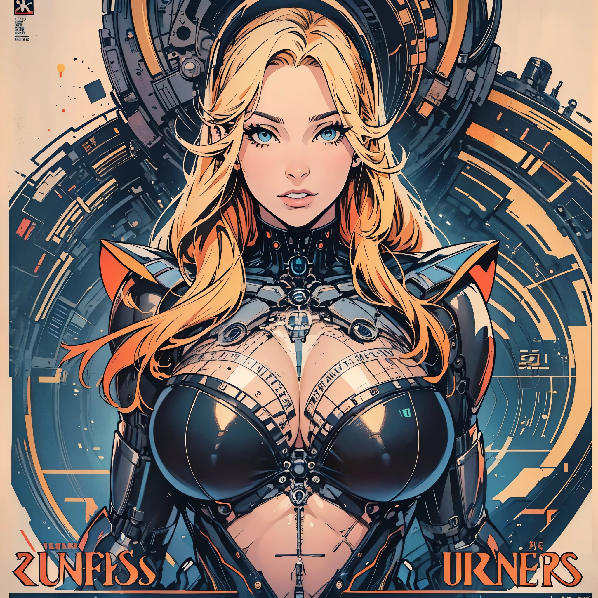(((ultimate best quality))),((((solo:1.2)))),((((1girl:1.2)))),((((beautiful perfect woman)))),(((detailed perfect body, detailed perfect finger))),((((((ultimate movie poster)))))),(((bust up, close up))),((((detailed complicated machine)))),(((((genius mechanical))))),(((American comics))),(((extreme highlights))),(((Extremely colorful, primary colors))),cleavage, super beautiful lady,(((typography))),text