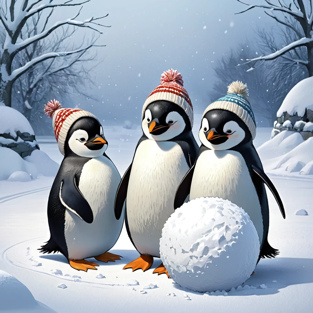  The three penguin children Fridolin, Fips and Frieda, They looked for a nice, flat place and started, to roll large snowballs.
