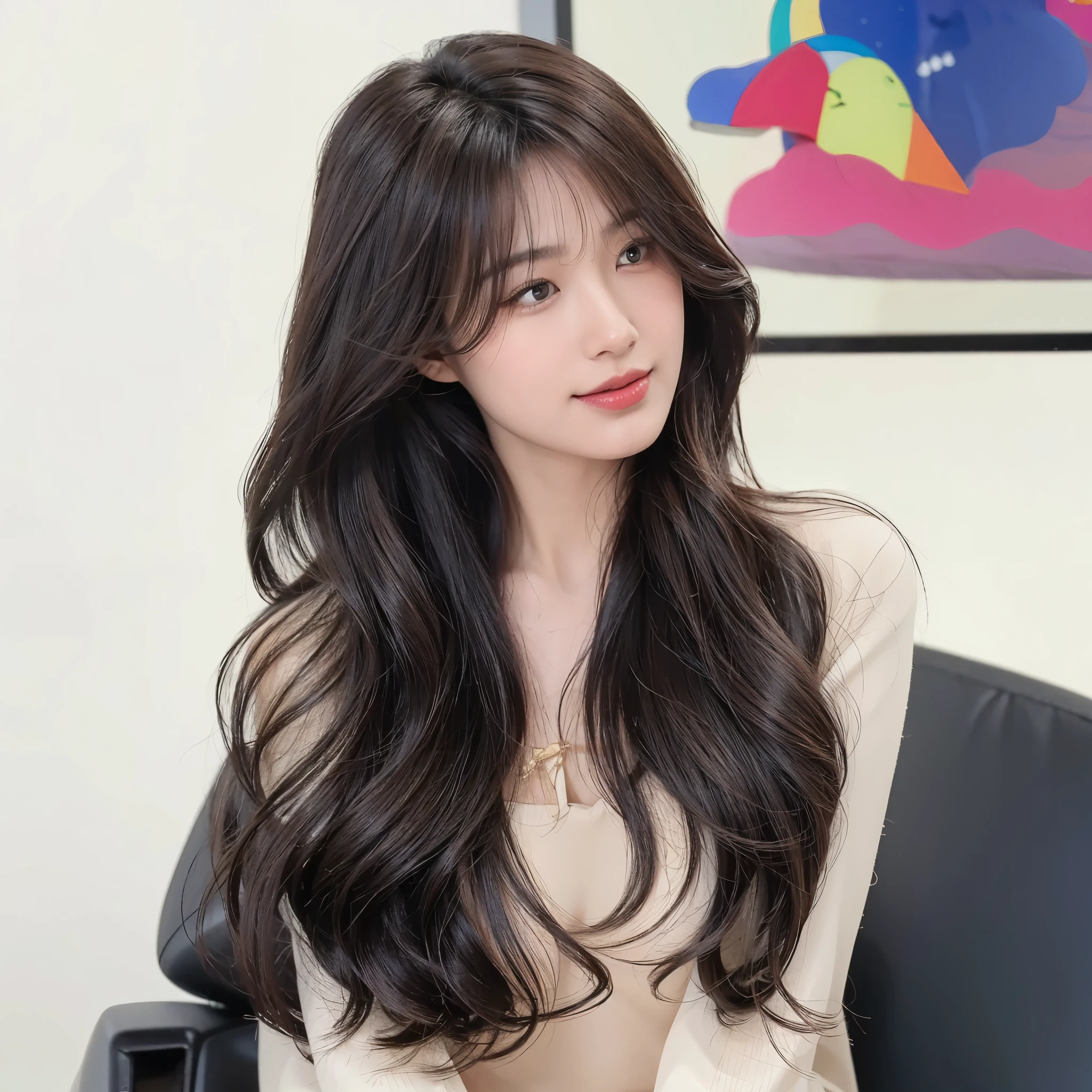 Long curly black brown hair,The background is simple and clean