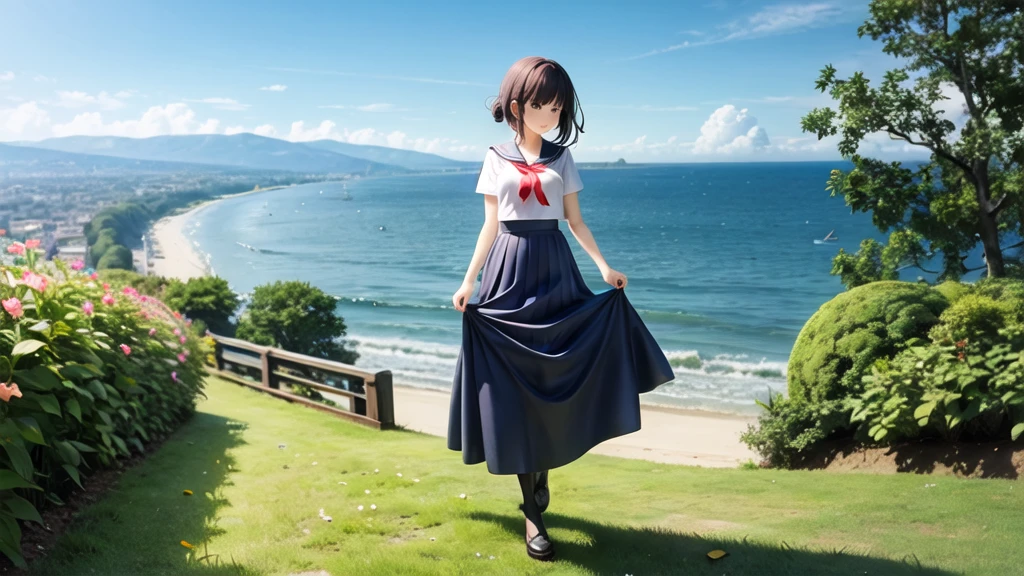(masterpiece), The sea seen from the town, blue sky, summer, A girl in the distance, smile, alone, Sailor suit、Long skirt, Overgrown, petal, plant、Skirt lining、Translucent slip、nostalgic、Black Pantyhose