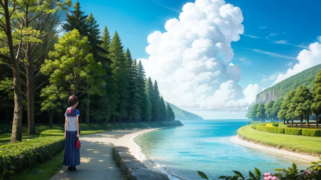 (masterpiece),  The sea seen from the town,  blue sky, summer, A girl in the distance,  smile,  alone,  Sailor suit、Long skirt,  Overgrown,  petal,  plant、Skirt lining、Translucent slip、nostalgic、Black Pantyhose