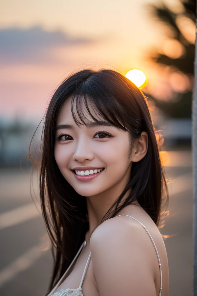 8K, (hyper reality: 1.35), (realistic: 1.4), 1 beautiful korean girl, smile, alone. light makeup, masterpiece, 最high quality, high quality, alone, , Latin, puberty, only one girl,((perfect body)),最high quality)),((Hello)),((very delicate and beautiful)),((Very shallow depth of field)), nffsw,((incredibly shallow depth of field)). be familiar with)), (((very delicate and beautiful)), (((Very shallow depth of field))), nffsw, (((incredibly absurd))), (((perfect body))), (((black hair )))) ))), ((( Camera Eye)))),(((A happy and wonderful smile))), Poor, my + background, dynamic angle, female focus, {particles of light}, Detailed background, ((paul hedley)), soft lighting, (dramatic) sunset), sunset, very beautiful sunset, live action, realistic, top angle, cute smile, (blurred background), 20 years old, skinny, ((wind)), ((movement)), ((emotion)), ((colorful)), ((beautiful teeth)), Wither,Background is a beach