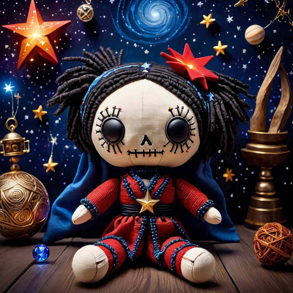 (knitted toy voodoo doll:1.7), (Voodoo Star Seer:1.8), (Clothing: celestial robes with star patterns:1.0), (Accessories: crystal orb, star chart, glowing amulet:1.2), (Background: night sky observatory with twinkling stars and glowing constellations:1.2), (full body:1.0), best quality, masterpiece, detailed soft oil painting, detailed background, dramatic cinematic lighting, soft edge lighting, professional, dramatic lighting, hard edge lighting, ultra quality, 4k, masterpiece, best quality, 8k, ultra high definition, high resolution, extremely detailed