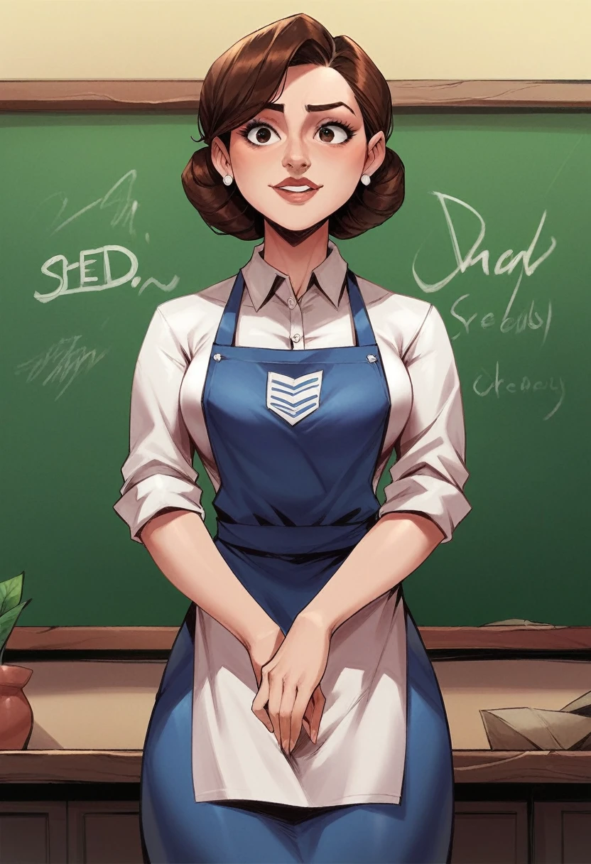 a teacher, with brown hair apron, one lens, vivid colors, united color background wall, beautiful well shaded 3d rendering, seeds, pixar