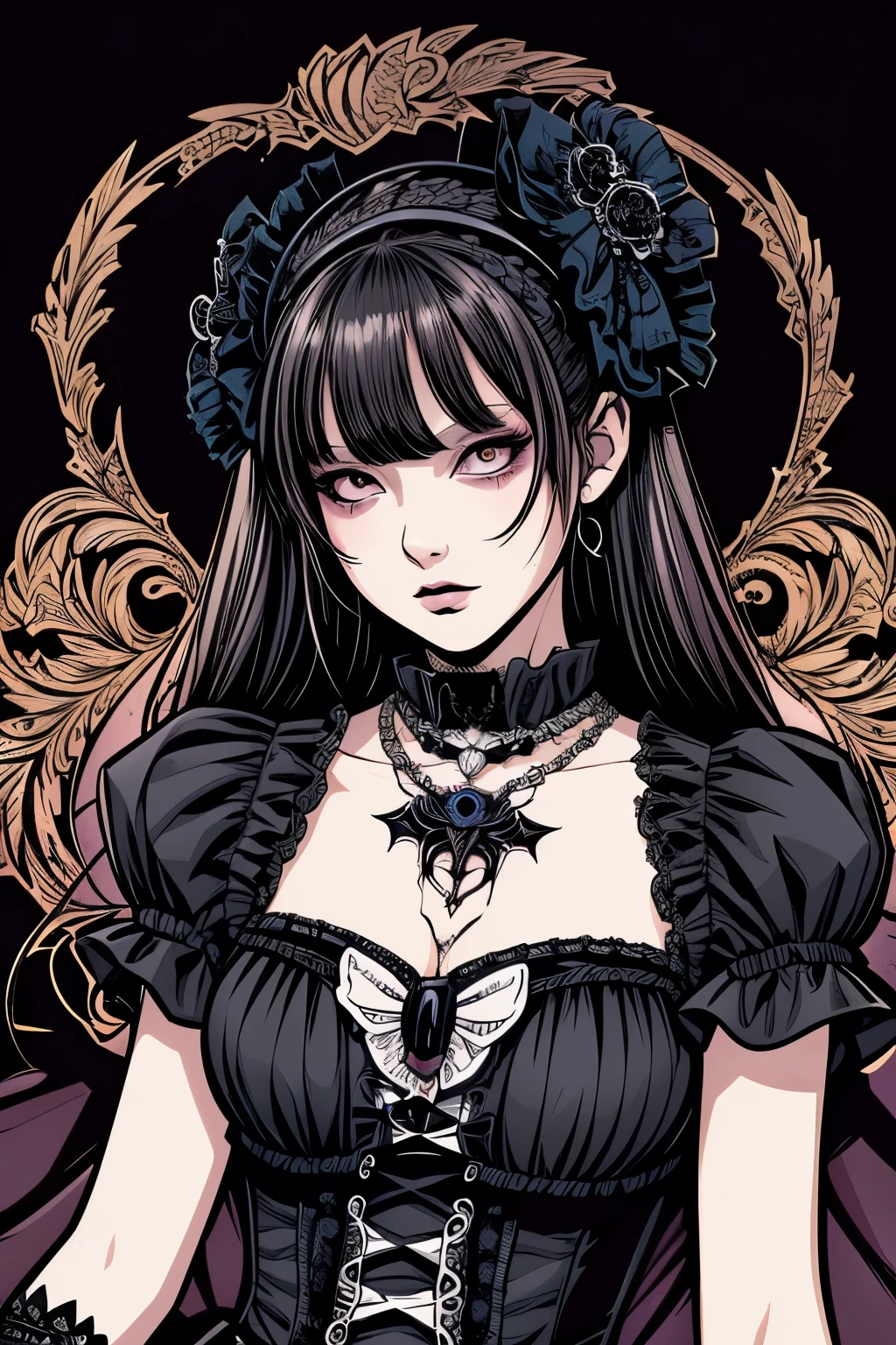 (Beautiful Hardcore Illustration homepage illustration style, high resolution, 8k, hard touch illustration), strong outline:1.2, 1 girl, gothic & lolita style, gothic & lolita fashion, American comic style, Art Déco style background, aggressive, beautiful face, cool beauty, dress, Hard illustration,