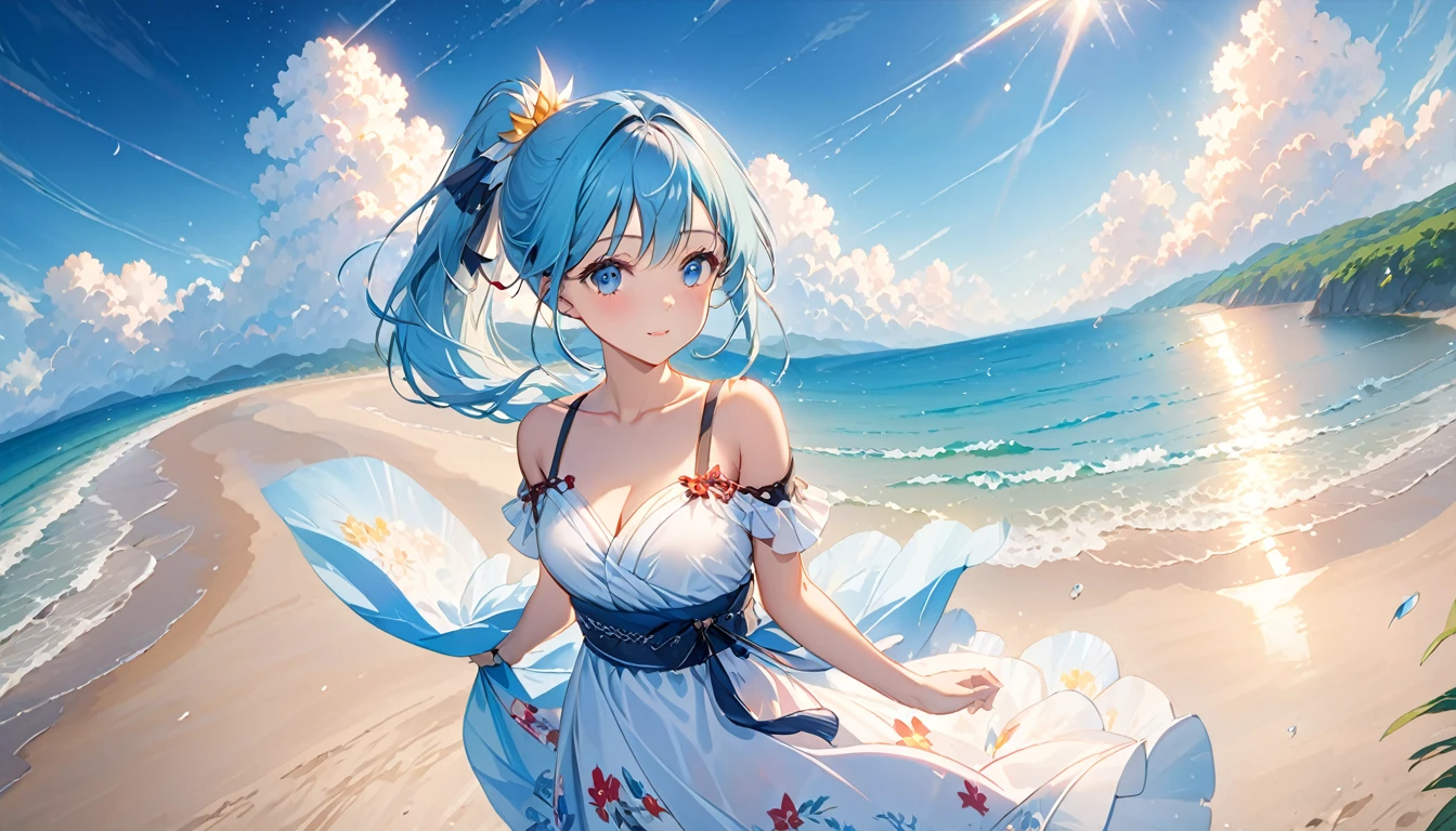 (Highest quality、8K、masterpiece、Super detailed:1.2)、Cinematic Angle、Cowboy Shot、Particles of light、Sparkle、Beautiful details in the eyes、Shiny skin、Shiny Hair、Light blue hair、Good eyes、Side Ponytail、Starry sky print、 Day、まだらのDay光、Blue sky、Beautiful Clouds、Beach、Wide Shot、Depth of written boundary、Blurred、Ocean、Distant islands、 1girl, solo, sexy, rib, cute, clavicle, (whole body)