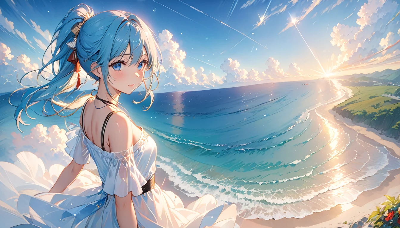 (Highest quality、8K、masterpiece、Super detailed:1.2)、Cinematic Angle、Cowboy Shot、Particles of light、Sparkle、Beautiful details in the eyes、Shiny skin、Shiny Hair、Light blue hair、Good eyes、Side Ponytail、Starry sky print、 Day、まだらのDay光、Blue sky、Beautiful Clouds、Beach、Wide Shot、Depth of written boundary、Blurred、Ocean、Distant islands、 1girl, solo, sexy, rib, cute, clavicle, (whole body)