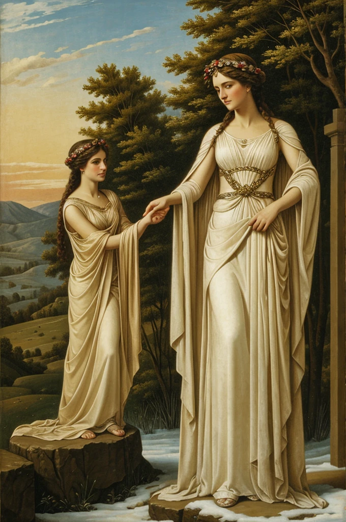 Generate an image showing a a few womans in the beauty garden from the 14th century resembling the "woman with a pearl" painting. The creation should only be an inspiration and the version should be sexy and showing a naked womans painted with oil paints. Preserve the atmosphere of an old painting with cracks and sometimes slight damage.