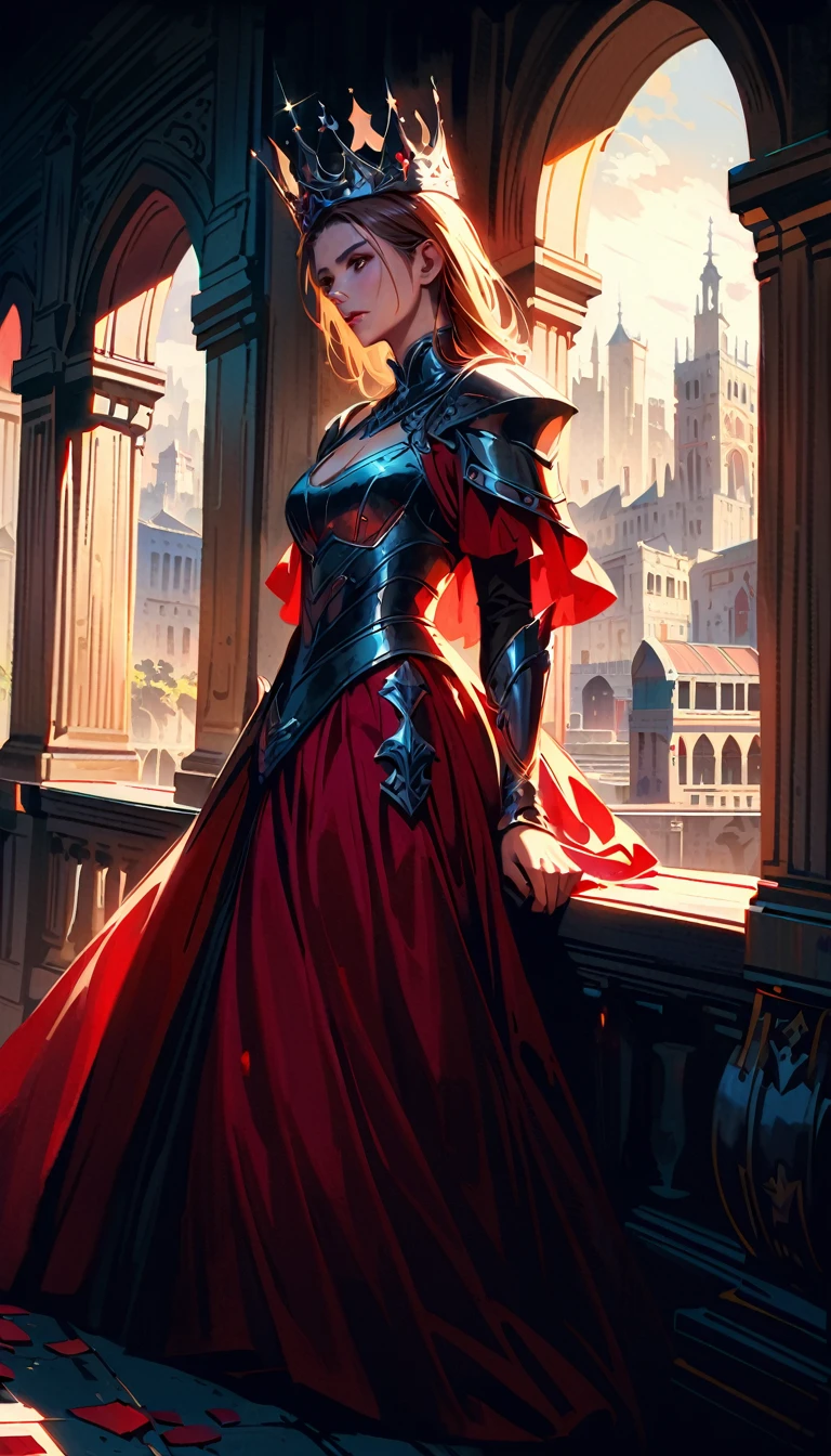 a rich and ruthless fantasy kingdom, the queen looking down at the city from the palace balcony, beautiful and dignified woman in a dress with pieces of armor attached, crown on her head, dramatic lighting, cinematic composition, dramatic colors, dramatic atmosphere, photorealistic, 8k, high quality