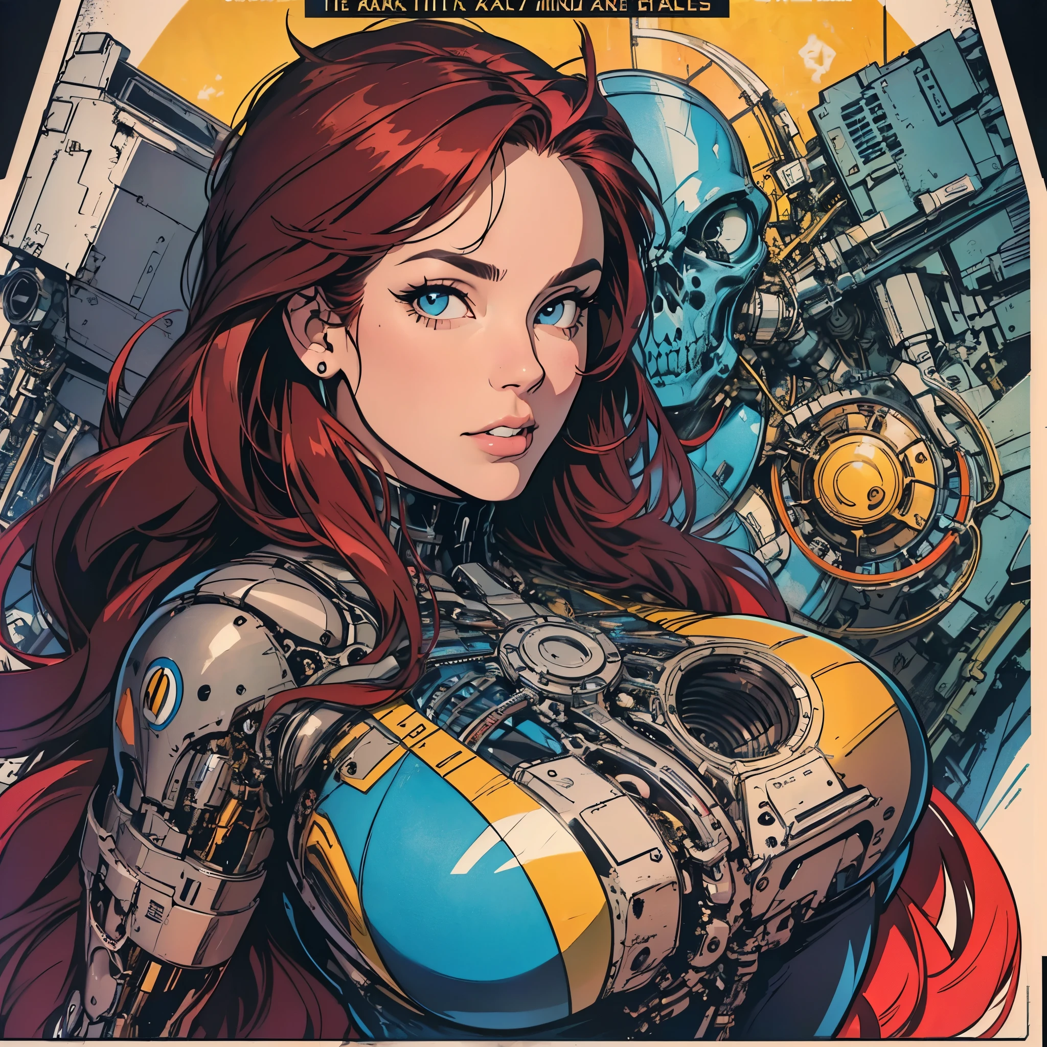 (((ultimate best quality))),((((solo:1.2)))),((((1girl:1.2)))),((((beautiful perfect woman)))),(((detailed perfect body, detailed perfect finger))),((((((ultimate movie poster)))))),(((bust up, close up))),((((detailed complicated machine)))),(((((genius mechanical))))),(((American comics))),(((extreme highlights))),(((Extremely colorful, primary colors))),cleavage, super beautiful lady,(((typography))),text