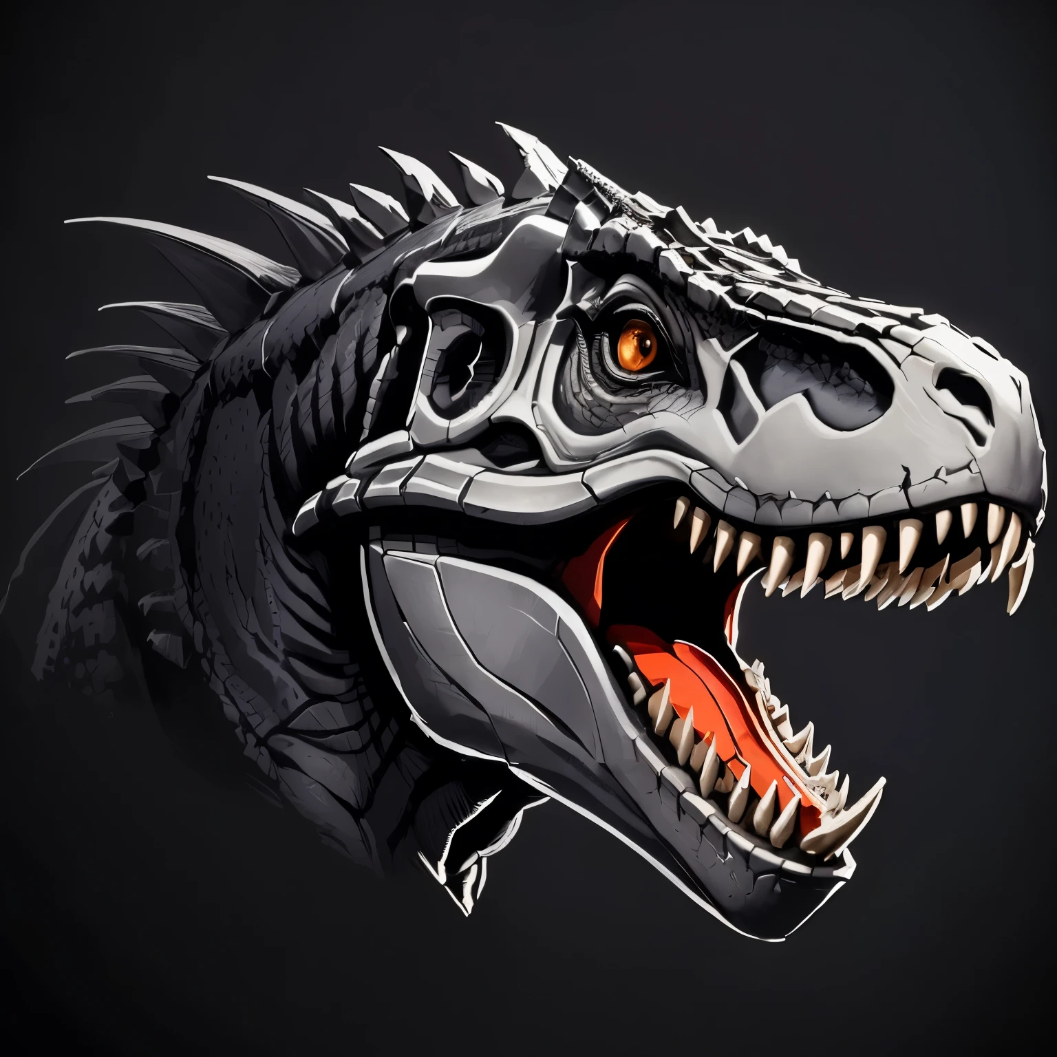 a close-up of a dinosaur's head with large teeth, sharp cyborg dragon head e elegante, sharp cyborg dragon head, highly detailed vector art, chrome dinosaur, digital painting highly detailed, detailed vector art, detailed 2d illustration, trex dinosaur, carnivorous dinosaur, high detailed digital artwork, highly detailed illustration, high detailed digital art, highly detailed illustration, ultra detailed illustration