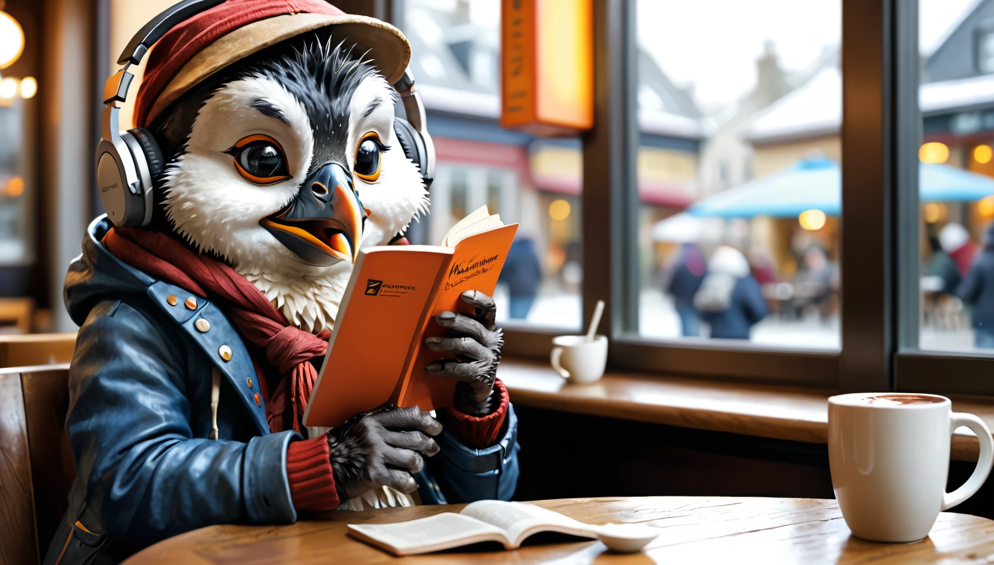 (photography film style), (((raining))), anthropomorphic, cute young rockhopper penguin, casually dressed, sitting by a window in a cafe, drinking hot chocolate, listening to music on headphones, (reading a book), 2D, colorful, warm atmosphere, glossy, Jean-Baptiste Monge style, Alan Lee style