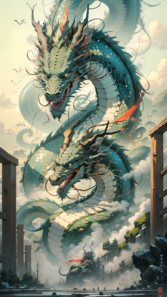 Masterpiece, exaggerated quality, overly detailed, Chinese dragon, traditional Japanese painting style, rising from the sea of mist,
