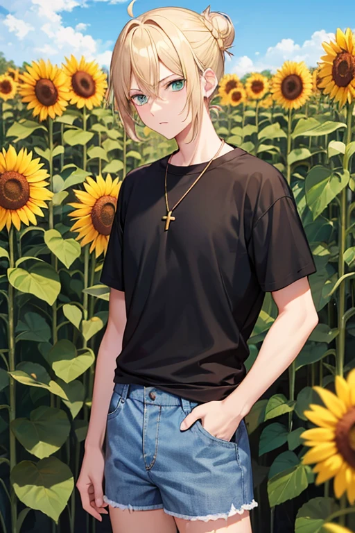 Anime boy, neutral expression, with blonde hair tied in a bun, green eyes, black T-shirt, blue jean shorts, gold cross necklace, standing in a tall sunflower field, holding a sunflower in hands,