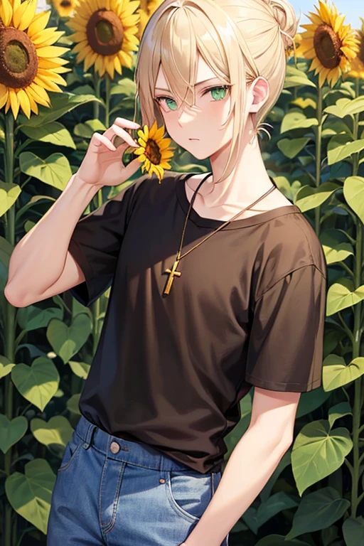 Anime boy, neutral expression, with blonde hair tied in a bun, green eyes, black T-shirt, blue jean shorts, gold cross necklace, standing in a tall sunflower field, holding a sunflower in hands, 