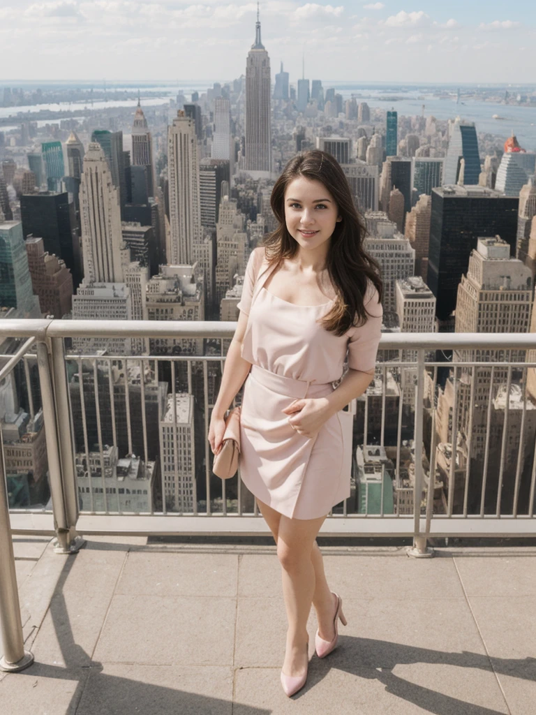 her name is Elle, high quality, 1girl, ((20-year-old fit Caucasian woman)), ((20 years old)), ((fit)), ((pale skin)), short length straight dark hair , wearing Pastel Pink Tie-Front Cutout Dress, pose: standing, background: Capture the breathtaking views from the top of the Empire State Building in New York City, with the sprawling urban landscape below and the Hudson River glistening in the distance.