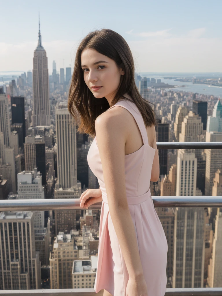 her name is Elle, high quality, 1girl, ((20-year-old fit Caucasian woman)), ((20 years old)), ((fit)), ((pale skin)), short length straight dark hair , wearing Pastel Pink Tie-Front Cutout Dress, pose: standing, background: Capture the breathtaking views from the top of the Empire State Building in New York City, with the sprawling urban landscape below and the Hudson River glistening in the distance.