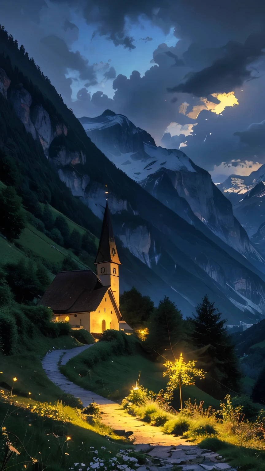 there is a small path going up a hill with a church in the background, lauterbrunnen valley, in the swiss alps, swiss alps, switzerland, by Karl Stauffer-Bern, lovely valley, by Sebastian Spreng, by Tobias Stimmer, alpine scenery, shot on hasselblad, by Matthias Weischer, swiss architecture, by Otto Meyer-Amden(brokeh effect)(glowing firefly)
