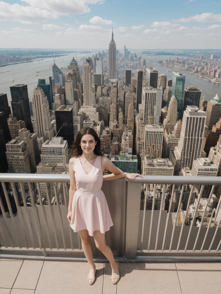 her name is Elle, high quality, 1girl, ((20-year-old fit Caucasian woman)), ((20 years old)), ((fit)), ((pale skin)), short length straight dark hair , wearing Pastel Pink Tie-Front Cutout Dress, pose: standing, background: Capture the breathtaking views from the top of the Empire State Building in New York City, with the sprawling urban landscape below and the Hudson River glistening in the distance.