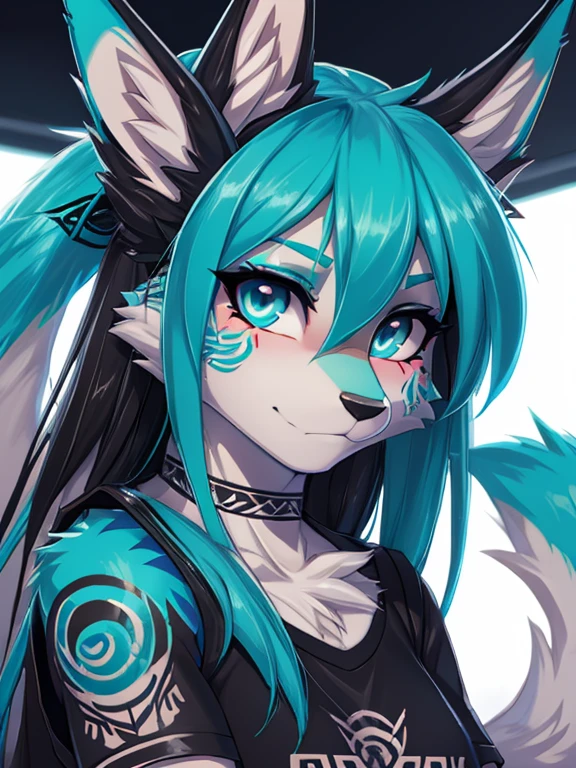 Miku Hatsune, high definition add_detail:1, blue fur,kitsune ears, tribal tattoo add_detail:1 cute high school clothes, Pretty girl, 18 year old girl, short black lycra, black metal t shirt, flirty look add_detail:3