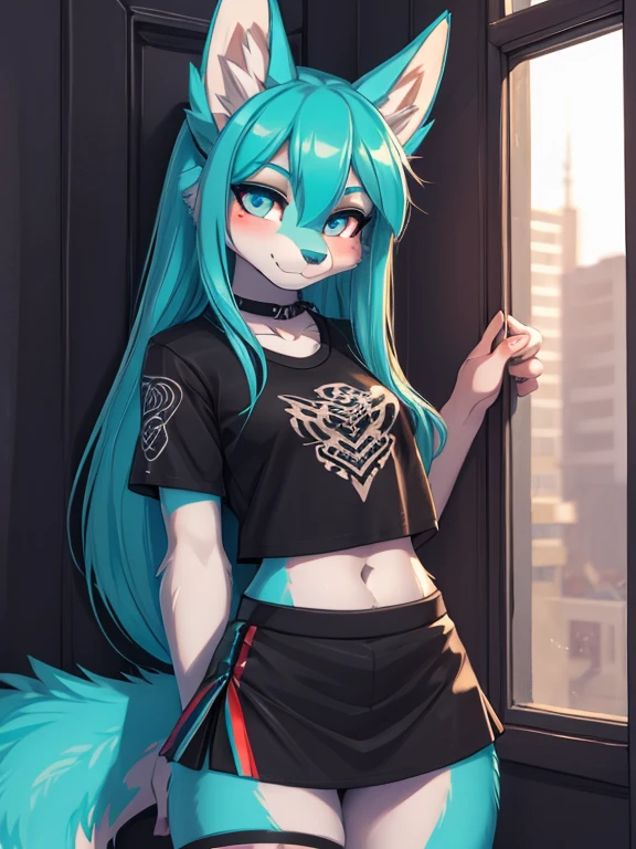 Miku Hatsune, high definition add_detail:1, blue fur,kitsune ears, tribal tattoo add_detail:1 cute high school clothes, Pretty girl, 18 year old girl, short black lycra, black metal t shirt, flirty look add_detail:3