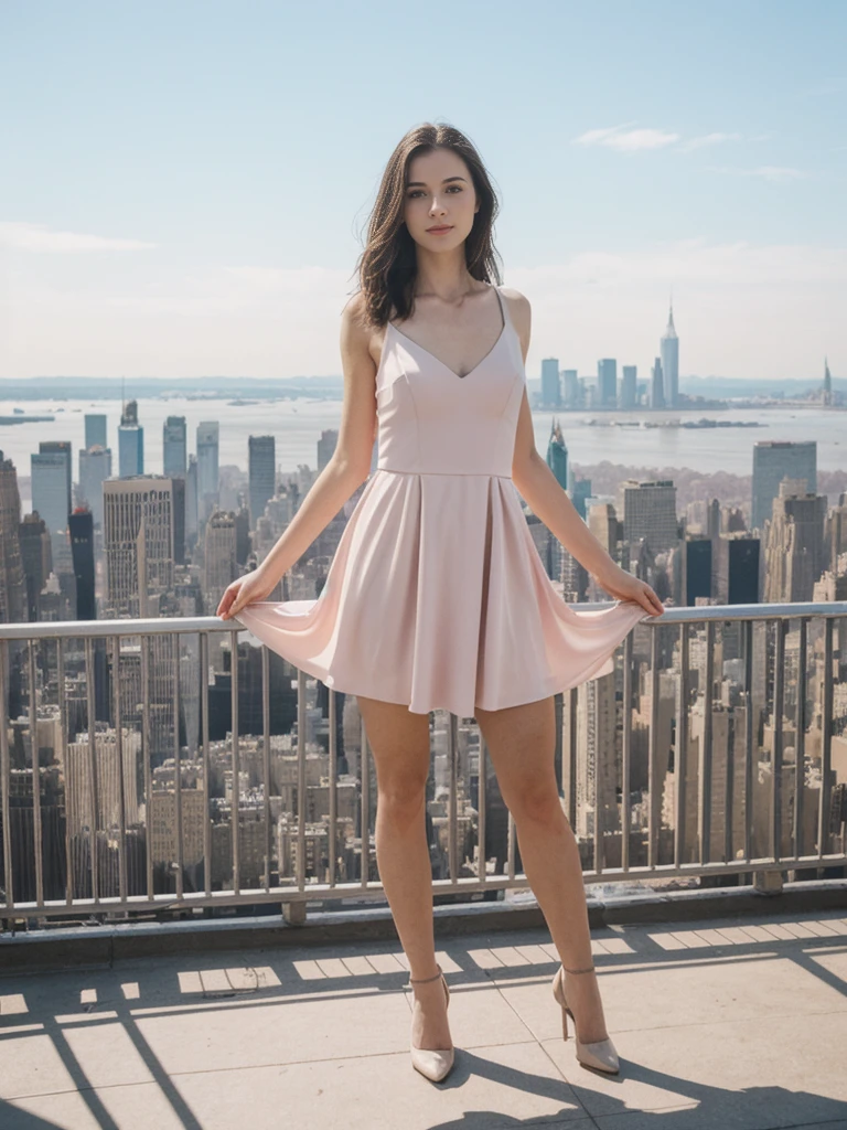 her name is Elle, high quality, 1girl, ((20-year-old fit Caucasian woman)), ((20 years old)), ((fit)), ((pale skin)), short length straight dark hair , wearing Pastel Pink Tie-Front Cutout Dress, pose: standing, background: Capture the breathtaking views from the top of the Empire State Building in New York City, with the sprawling urban landscape below and the Hudson River glistening in the distance.