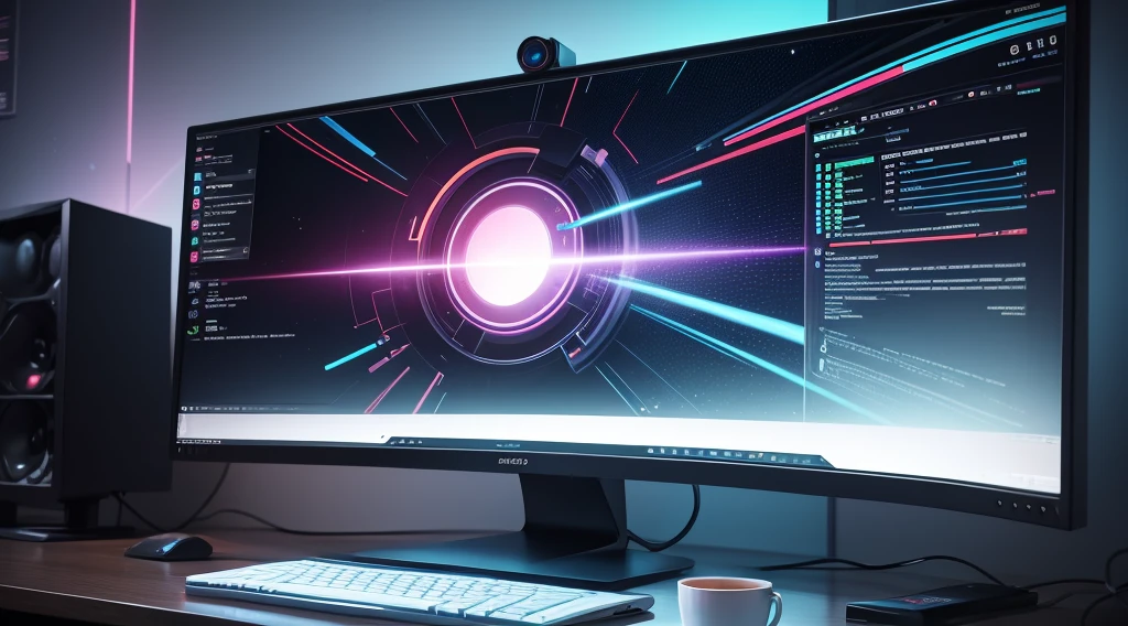 a close-up of a computer monitor on a table with a neon background, shadow of mood, redshift vibrations, smooth background, synthetic wave background, smooth in _ o fundo, 4k soft noise beeple style hybrid mix, Graphics mods, cinema4d render, cinema 4 d render