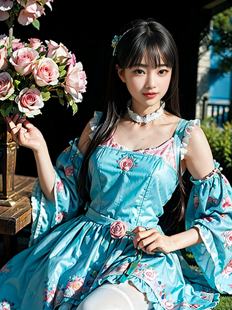 (masterpiece、top-quality、top-quality、Official art、Beautifully Aesthetic:1.2)、(One girl:1.3)、A highly detailed、(Fractal Art:1.1)、(colourfull:1.1), (florals:1.3)、The most detailed、(Zentangle:1.2)、full body Esbian、(Blue sky and rose garden:1.3)、(shinny skin)、(Many colors:1.4), (pluma:1.5)、masterpiece、top-quality、top-quality、Official art、Beautifully Aesthetic:1.2)、(1girl in)、ighly detailed、(Fractal Art:1.3)、colourfull、highestdetailed、long、A dark-haired、big eye、Women in Japan、(Ruffle frills, extremely detailed Chiffon Lace Ribbon Suspenders, (turquoise blue and yellow Stripe Design Pastel Coloring extremely detailed dress),extremely detailed Big Ribbon Headband, extremely detailed Open Colorborn, extremely detailed puff sleeves, extremely detailed Tied thin ribbon corset, extremely detailed Balloon skirt, extremely detailed White Net Tights, Colorful star-shaped bead accessories)、Cute table、Drinking tea、Tea、teapot、macaroons, You can see the castle behind