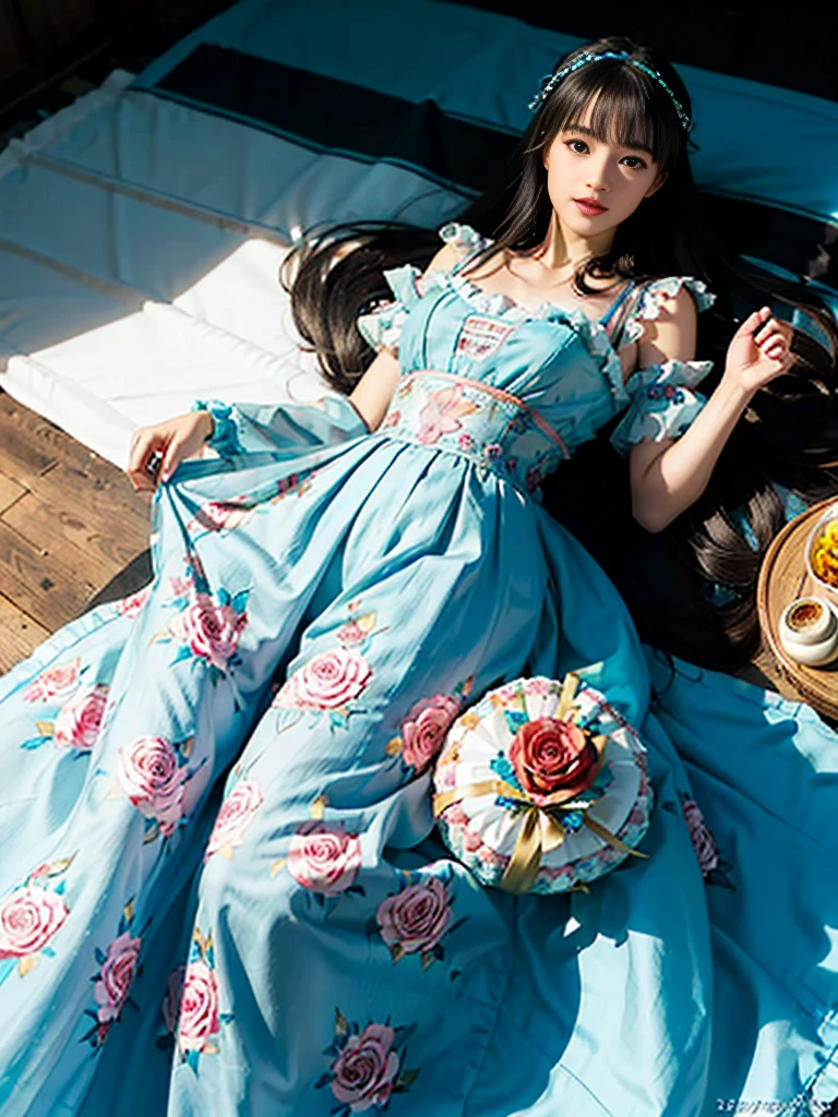 (​masterpiece、top-quality、top-quality、Official art、Beautifully Aesthetic:1.2)、(One girl:1.3)、A highly detailed、(Fractal Art:1.1)、(colourfull:1.1), (florals:1.3)、The most detailed、(Zentangle:1.2)、full body Esbian、(Blue sky and rose garden:1.3)、(shinny skin)、(Many colors:1.4), (pluma:1.5)、​masterpiece、top-quality、top-quality、Official art、Beautifully Aesthetic:1.2)、(1girl in)、ighly detailed、(Fractal Art:1.3)、colourfull、highestdetailed、long、A dark-haired、big eye、Women in Japan、(Ruffle frills, extremely detailed Chiffon Lace Ribbon Suspenders, (turquoise blue and yellow Stripe Design Pastel Coloring extremely detailed dress),extremely detailed Big Ribbon Headband, extremely detailed Open Colorborn, extremely detailed puff sleeves, extremely detailed Tied thin ribbon corset, extremely detailed Balloon skirt, extremely detailed White Net Tights, Colorful star-shaped bead accessories)、Cute table、Drinking tea、Tea、teapot、macaroons, You can see the castle behind