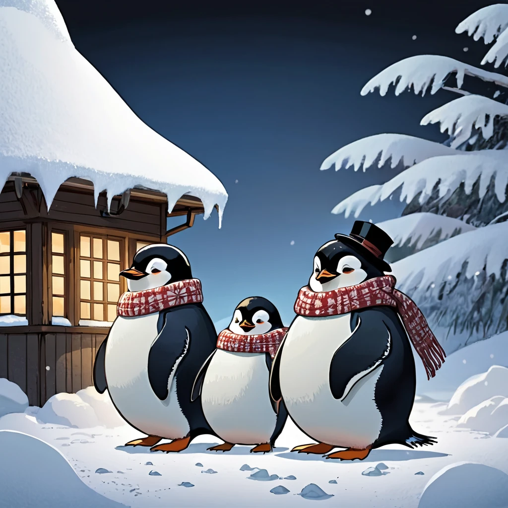The three penguin children Fridolin, Fips and Frieda, They looked for a nice, flat place and started, to roll large snowballs.
