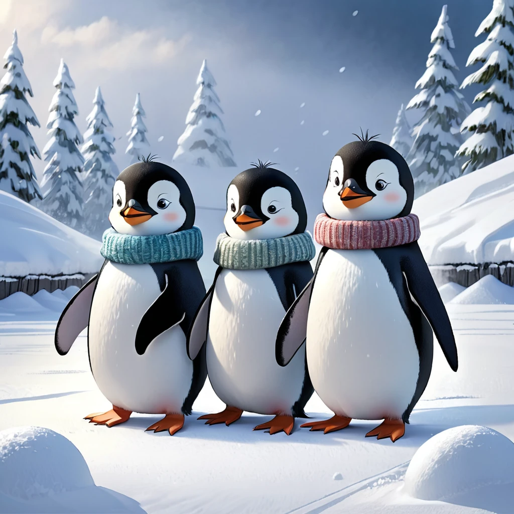  The three penguin children Fridolin, Fips and Frieda, They looked for a nice, flat place and started, to roll large snowballs.