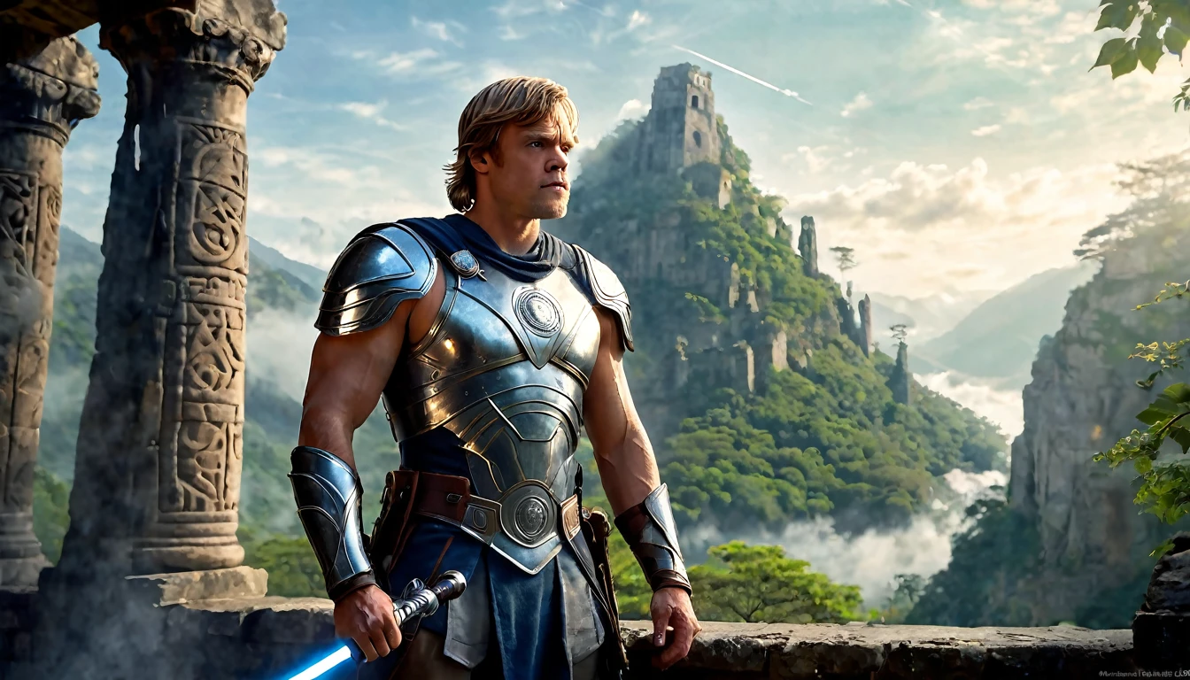 (best quality, realistic, ethereal: 1.2), (muscular man) (with luke skywalker face), long, loose blonde hair, strength and determination, muscular, warrior armor and weapons, in the background, majestic mountains and lush forests, soft sunlight casting a magical glow, ancient ruins and mysterious runes, heroic pose, artistic rendering, shades of blue and silver, subtle fog and mist, studio lighting, full length, in the background, cinematic, ultra detailed, visually rich, concept art, intricate details, extremely detailed, ultra sharp focus, attention to detail, grandeur and awe, stunning visual masterpiece, double exposure, 32k, photorealistic, outline strong, cinematographic scene, top quality