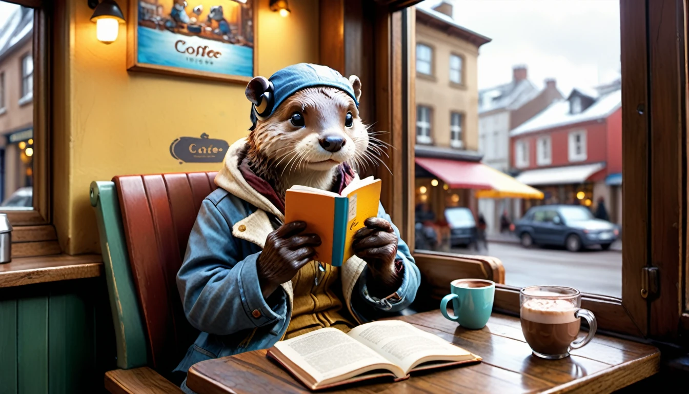 (photography film style), (((raining))), anthropomorphic, cute young otter, casually dressed, sitting by a window in a cafe, drinking hot chocolate, listening to music on headphones, (reading a book), 2D, colorful, warm atmosphere, glossy, Jean-Baptiste Monge style, Alan Lee style