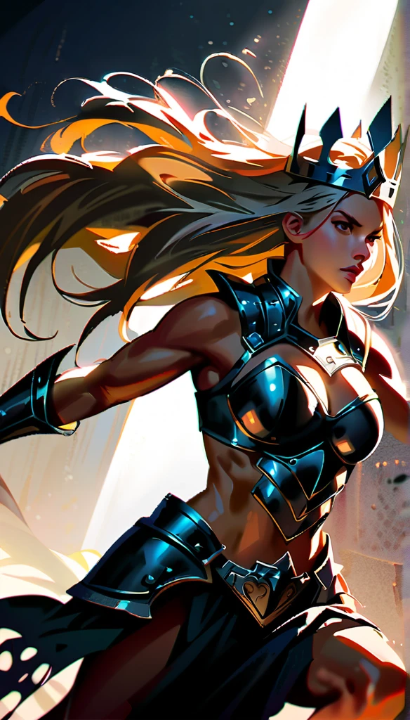 Realistic, A fierce barbarian queen, incredibly strong and alluring, (1girl, muscular body, long flowing hair, determined expression, barbarian-style armor and accessories, stylized crown, (epic:1.2), dynamic pose, (photorealistic:1.37), dramatic lighting, cinematic composition, muted color palette, dramatic shadows, chiaroscuro)