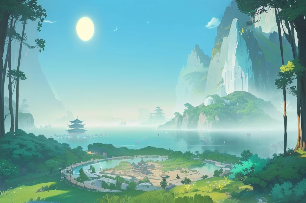 There is a landscape painting，There is a round stone in the painting, Island Background, background technology, background technologywork, Game Background, mobile Game Background, Avatar Landscape, Onmyoji detailed art, zen Temple Background, Cora Legend setting, Temple Background, Detailed scenery —width 672, odin's stone Arena Background, Arena Background, 2D Game Art Background