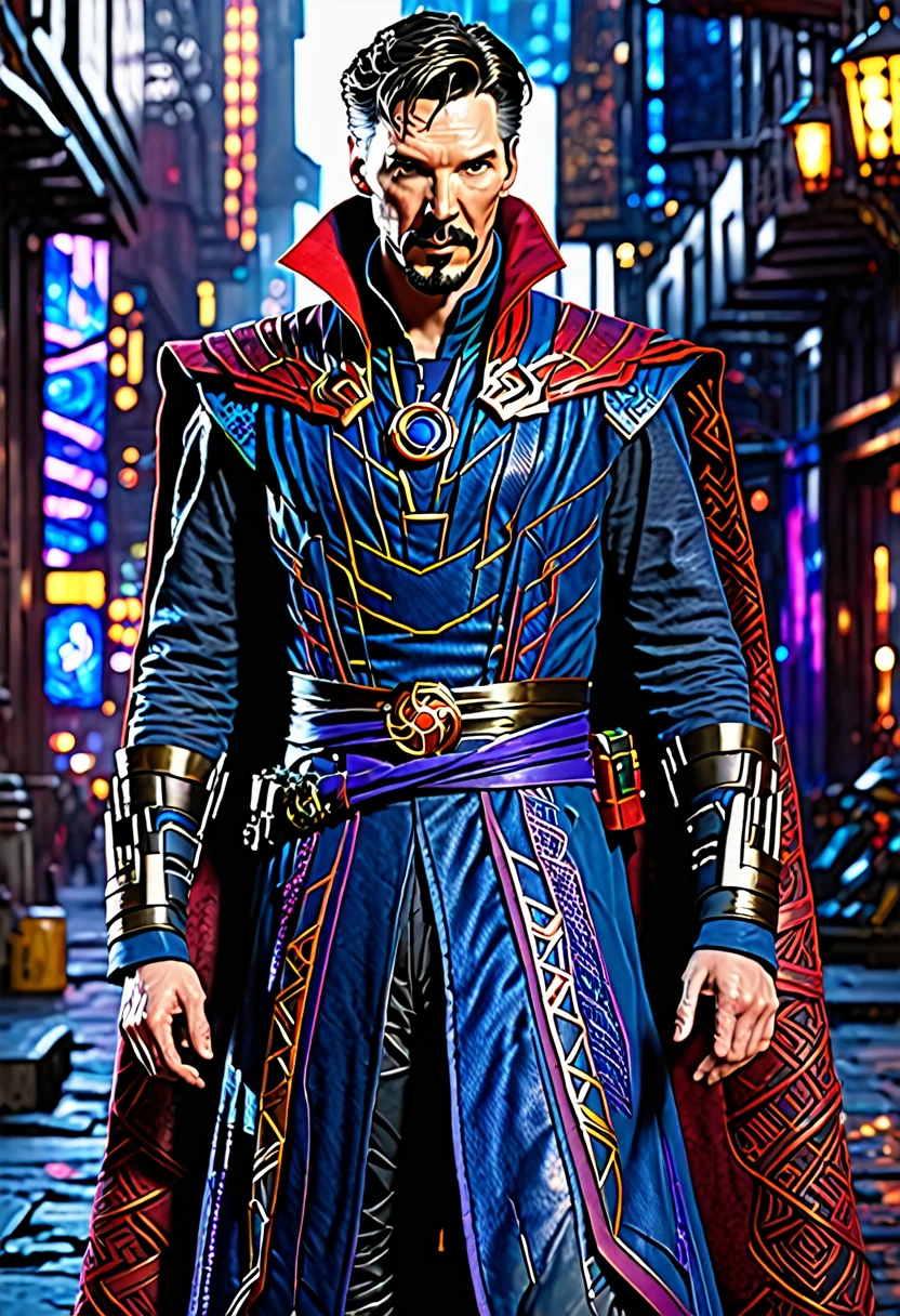 A highly detailed, photorealistic doctor strange wearing a futuristic cyberpunk-inspired suit, cinematic lighting, 8K resolution, masterpiece, ultra-detailed, sharp focus, physically-based rendering, vivid colors, dramatic lighting