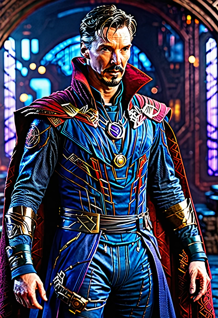 A highly detailed, photorealistic doctor strange wearing a futuristic cyberpunk-inspired suit, cinematic lighting, 8K resolution, masterpiece, ultra-detailed, sharp focus, physically-based rendering, vivid colors, dramatic lighting