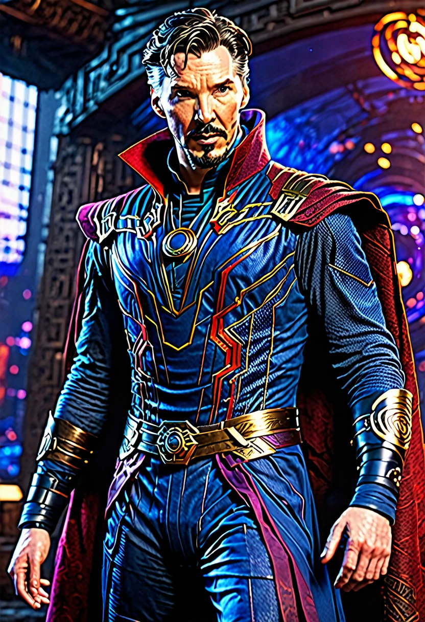 A highly detailed, photorealistic doctor strange wearing a futuristic cyberpunk-inspired suit, cinematic lighting, 8K resolution, masterpiece, ultra-detailed, sharp focus, physically-based rendering, vivid colors, dramatic lighting
