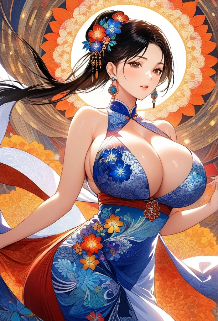 (masterpiece, top quality, best quality, official art, beautiful and aesthetic:1.2), (1girl:1.3), extremely detailed,(fractal art:1.1),(colorful:1.1)(flowers:1.3),highest detailed,(zentangle:1.2), (dynamic pose), (abstract background:1.3), (chinese Traditional cloth:1.2), (shiny skin), (many colors:1.4), ,(earrings:1.4),big breasts