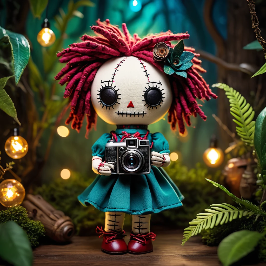 (knitted toy voodoo doll:1.7), (Voodoo Photographer:1.8), (Clothing: whimsical outfit with enchanted patterns:1.0), (Accessories: vintage camera, magical lens, enchanted film:1.2), (Background: mystical forest with glowing plants, floating lights, and sparkling magic:1.2), (full body:1.0), (Action: holding camera and taking a photograph:1.3), best quality, masterpiece, detailed soft oil painting, detailed background, dramatic cinematic lighting, soft edge lighting, professional, dramatic lighting, hard edge lighting, ultra quality, 4k, masterpiece, best quality, 8k, ultra high definition, high resolution, extremely detailed