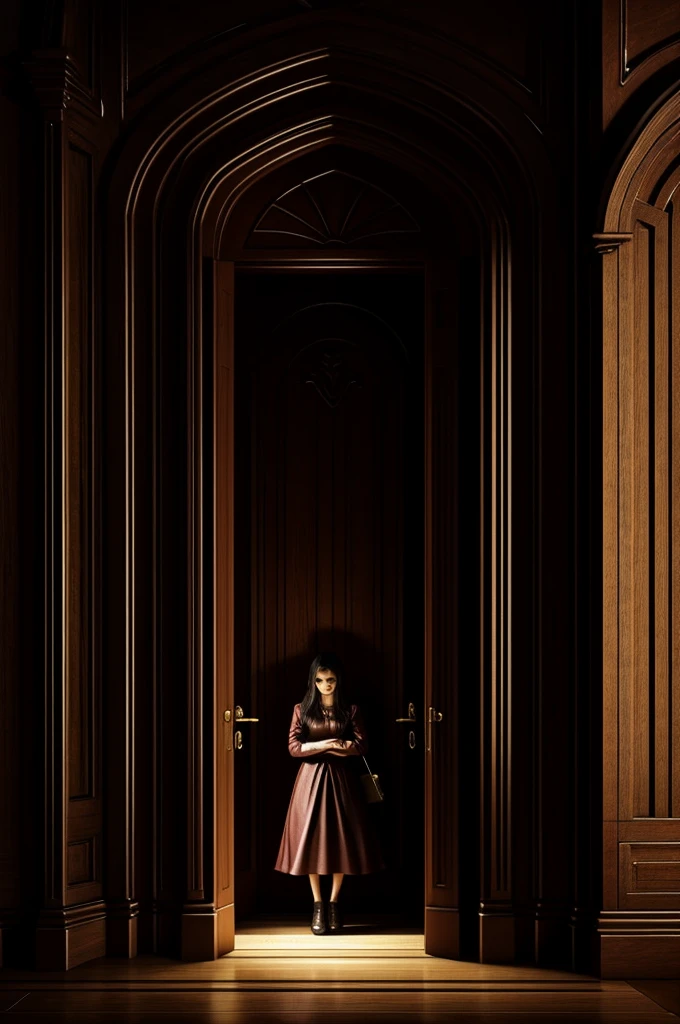 A dark fantasy type image of Caroline and the secret door