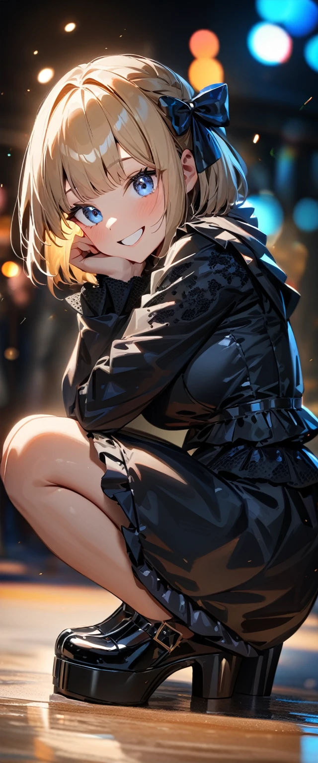 (((One girl))), Shibuya, streat, blond hair, bob cut, (looking at viewer), (((full body))), squatting, head rest, breasts, teenager, head tilt:1.3, (((blue eye))), constricted pupils, (from side:1.3), ((happy smile)), (((gothic lolita:1.3))), short dress, bare legs, ((black platform footwear)), hair ornament, hair ribbon, anime style, (best quality, 4k, 8k, highres, masterpiece:1.2, ultra-detailed, ultra-detailed eyes, HDR, UHD, studio lighting, ultra-fine painting, sharp focus, physically-based rendering, extreme detail description, professional, vivid colors, bokeh)