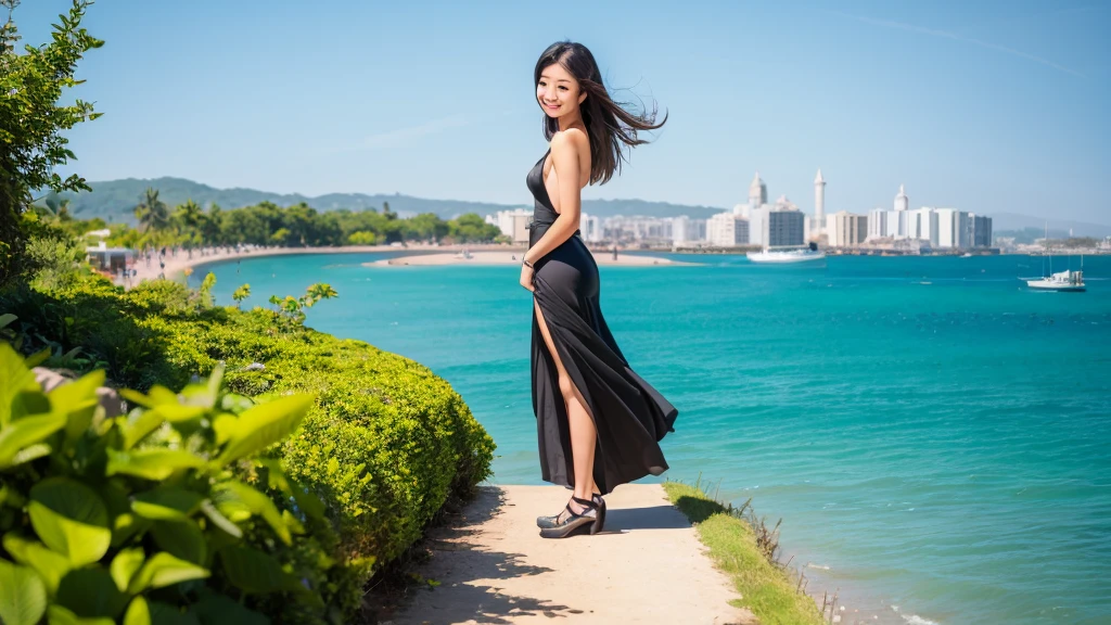 (masterpiece), The sea seen from the town, blue sky, summer, A girl in the distance, smile, alone, Sailor suit、Long skirt, Overgrown, petal, plant、Skirt lining、Translucent slip、nostalgic、Black Pantyhose