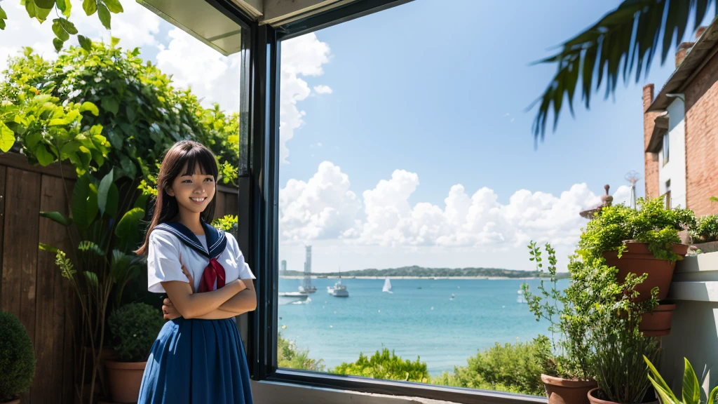 (masterpiece), The sea seen from the town, blue sky, summer, A girl in the distance, smile, alone, Sailor suit、Long skirt, Overgrown, petal, plant、Skirt lining、Translucent slip、nostalgic、Black Pantyhose