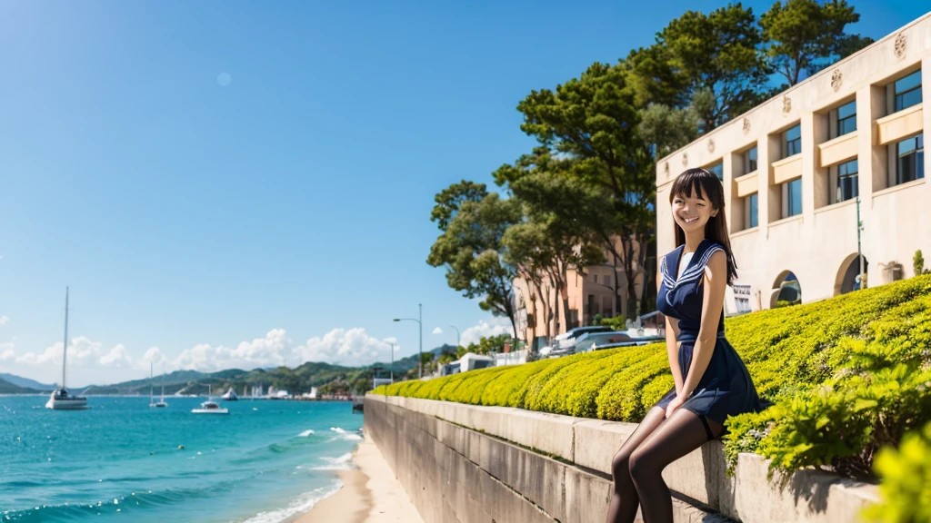 (masterpiece), The sea seen from the town, blue sky, summer, A girl in the distance, smile, alone, Sailor suit、Long skirt, Overgrown, petal, plant、Skirt lining、Translucent slip、nostalgic、Black Pantyhose