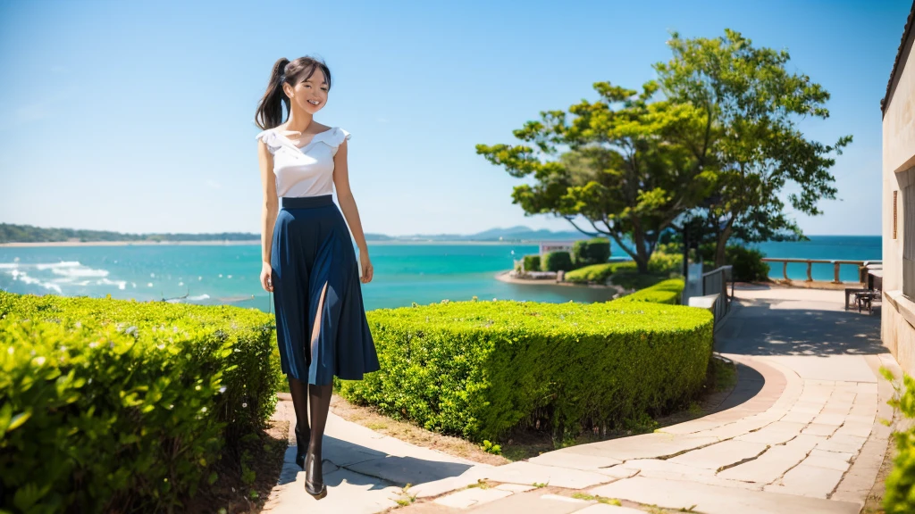 (masterpiece), The sea seen from the town, blue sky, summer, A girl in the distance, smile, alone, Sailor suit、Long skirt, Overgrown, petal, plant、Skirt lining、Translucent slip、nostalgic、Black Pantyhose