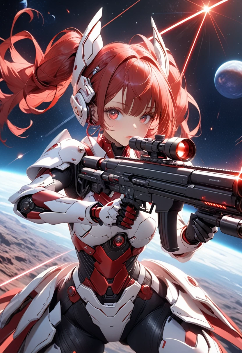 elegant female robot soldier, shooting laser rifle, outer space background, beautiful detailed face, red twintail hairstyle, stylish red and white body armor, futuristic headgear, vernier nozzle on waist, aiming laser rifle in dynamic pose, cosmic moonscape backdrop, craters, (best quality,4k,8k,highres,masterpiece:1.2),ultra-detailed,highly detailed face and eyes, long eyelashes, intricate armor texture, glowing laser effects, dynamic lighting, cinematic composition