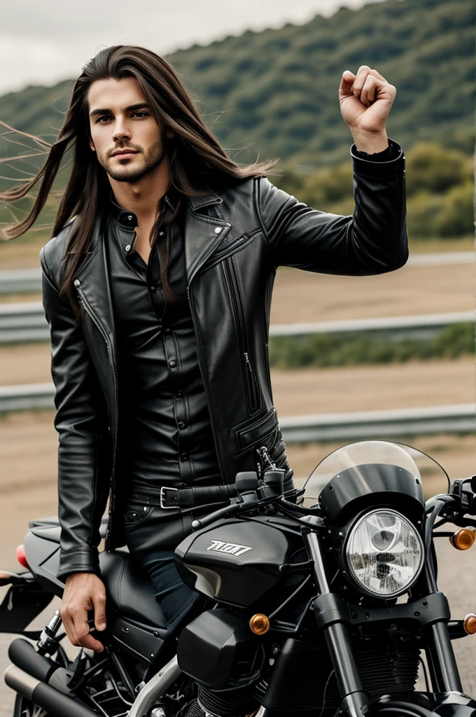 A young, handsome man with long hair dressed in black leather on a huge racing motorcycle 