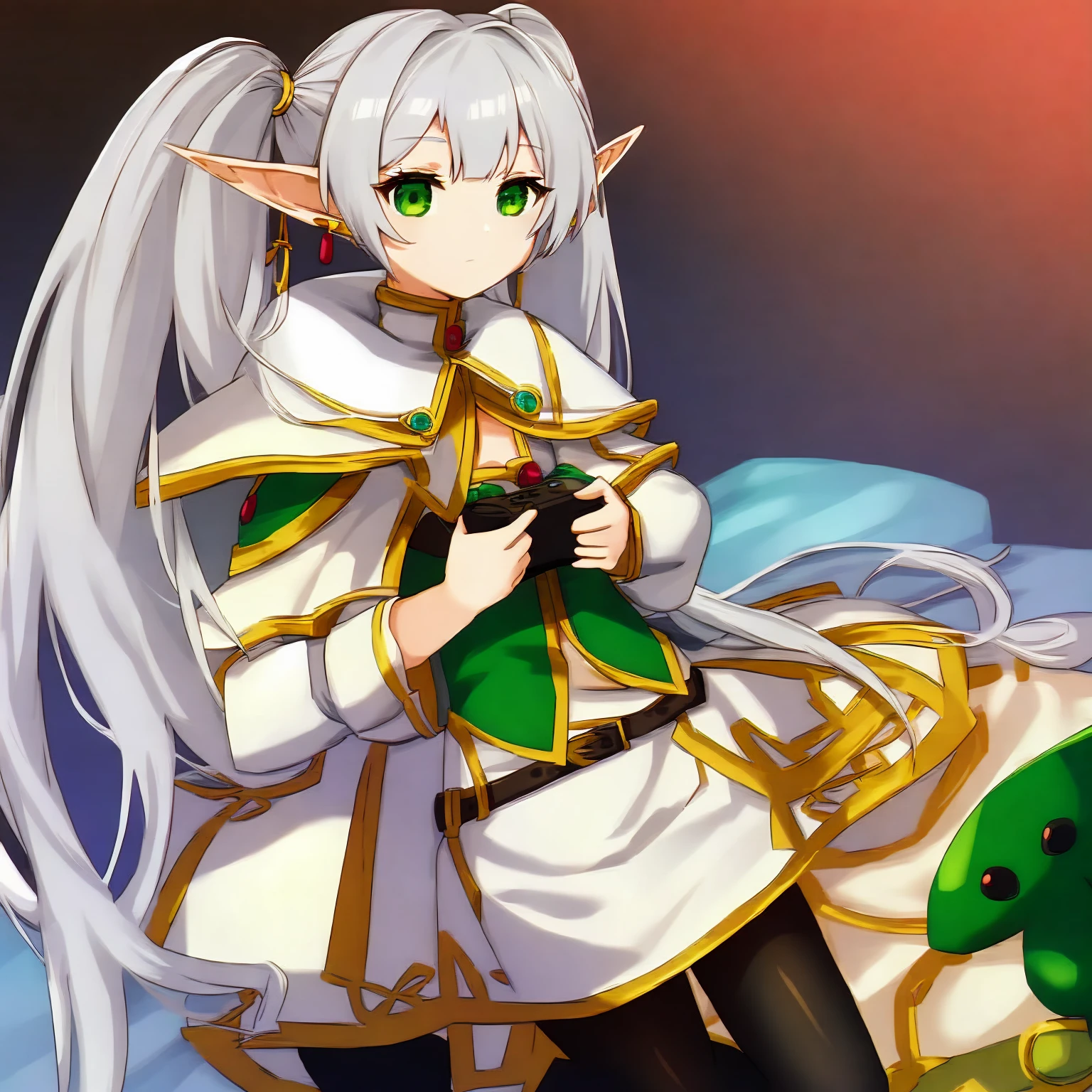 1girl, twintails, very long hair, silver hair, pointy ears, elf, white capelet, green eyes, black pantyhose, earrings, white skirt, belt, white sleeves, (playing videogame:1.2)